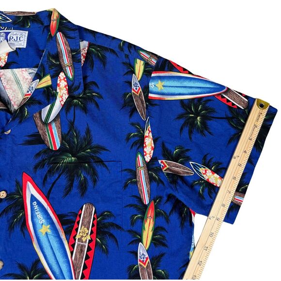 RJC Hawaiian Shirt Men Surfboard Tress All Over Print 2XL Blue Nautical Vtg USA - Picture 7 of 9